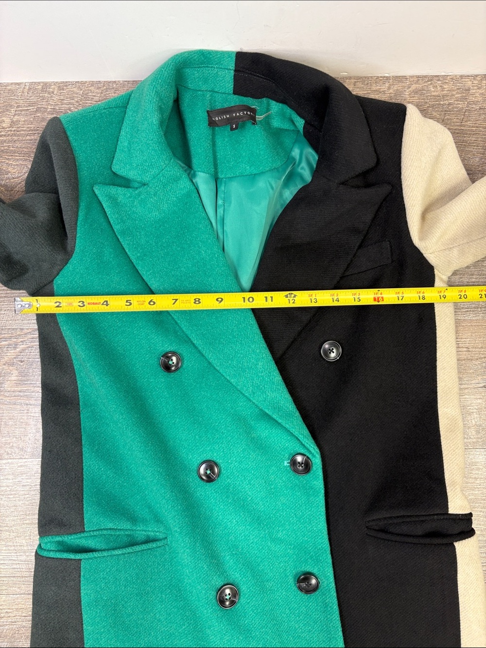 English Factory Colorblock Wool Blend Long Coat Green Black Cream S - Picture 13 of 15
